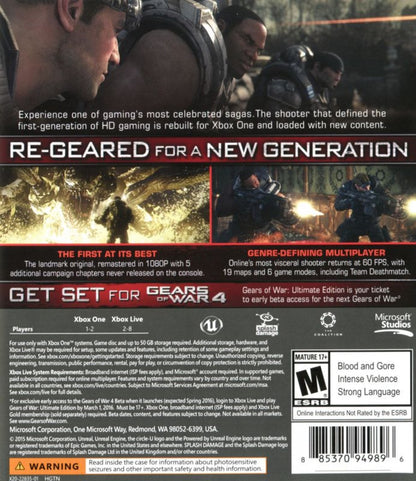 Gears of War [Ultimate Edition] back of case for Xbox One (XONE) remastered third-person shooter video game