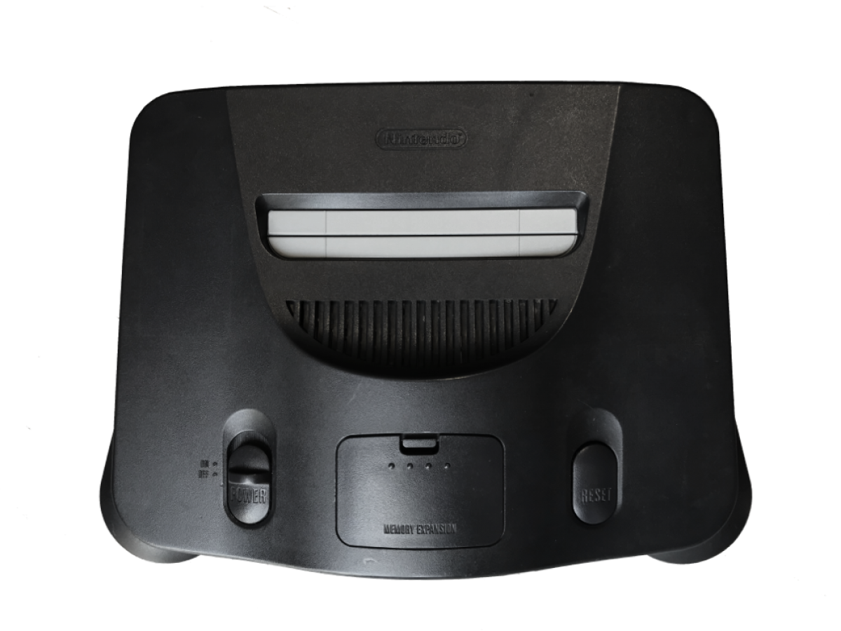 Top-down view of an original Nintendo 64 console showing its cartridge slot and logo
