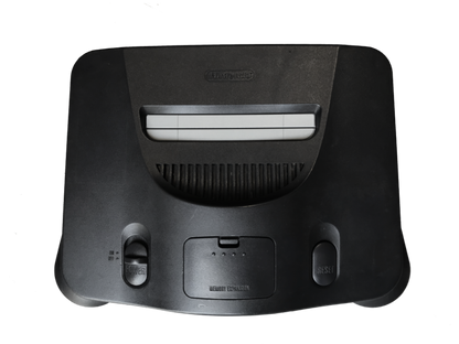 Top-down view of an original Nintendo 64 console showing its cartridge slot and logo