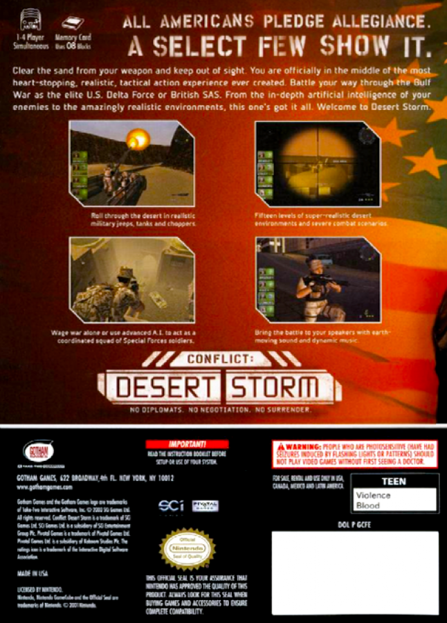 Conflict: Desert Storm back of case for GameCube (GC) tactical military shooter video game