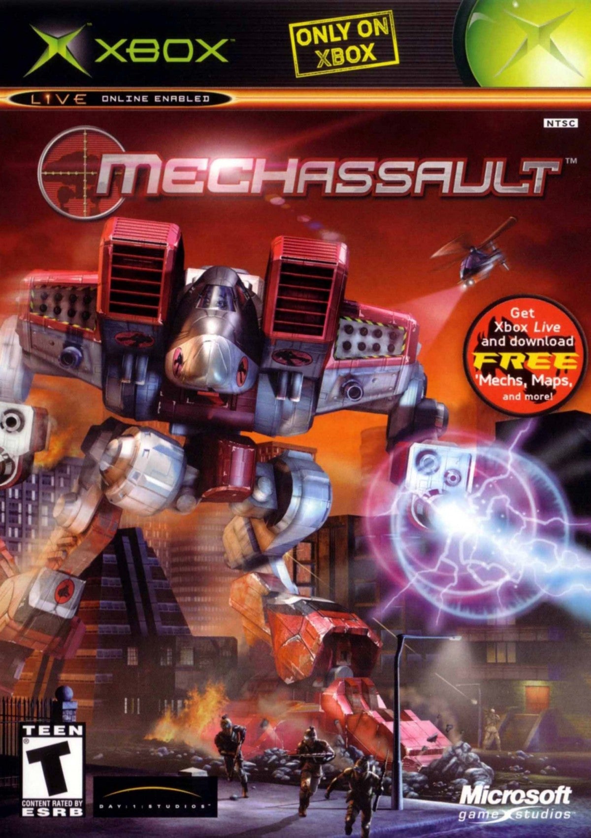 MechAssault for Xbox (XBOX) at Gamers INC, featuring the explosive third-person vehicular combat hit that puts you in the cockpit of a towering BattleMech to rain destruction across fully destructible environments; as a pilot of the legendary Wolf's Dragoons, utilize a devastating arsenal of lasers, missiles, and autocannons to topple buildings and crush the Word of Blake in this groundbreaking title that served as a premier showcase for the power of Xbox and early Xbox Live online warfare front cover