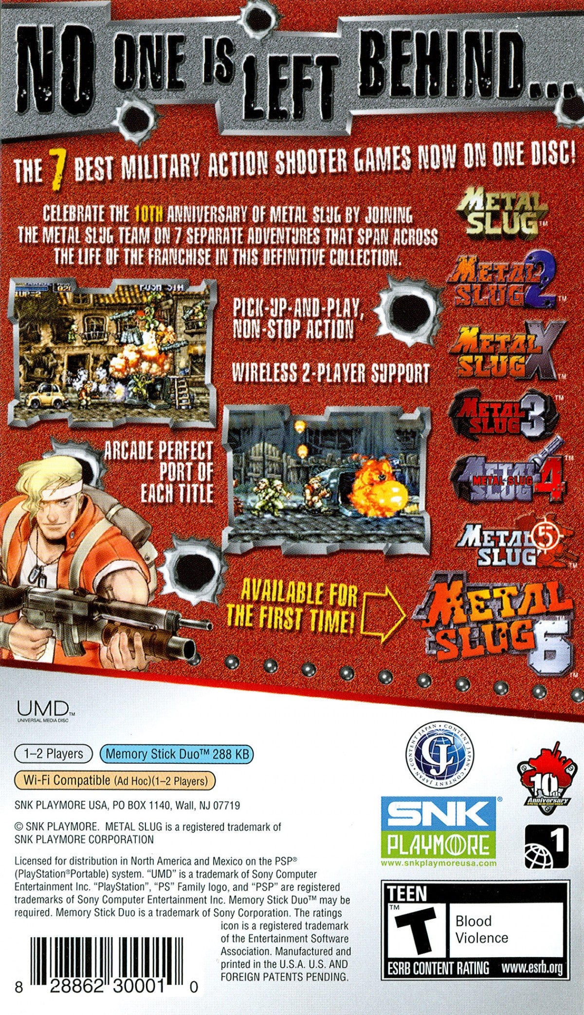 Metal Slug Anthology PlayStation Portable PSP for arcade action shooter video game fans featuring multiple classic Metal Slug games fast paced run and gun combat military missions explosive weapons enemy soldiers vehicles boss battles and cooperative style arcade gameplay collectible gaming appeal back cover art