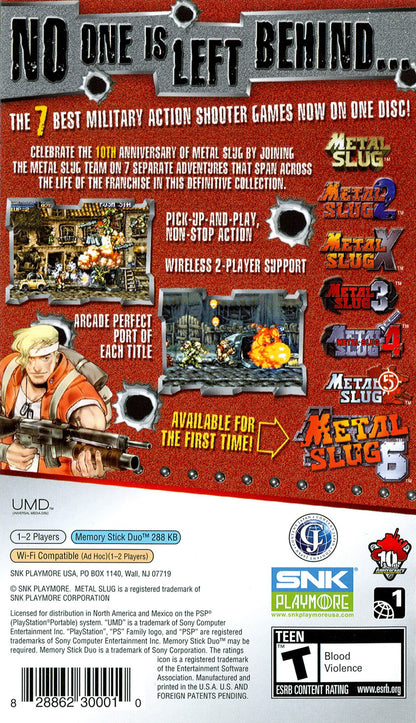 Metal Slug Anthology PlayStation Portable PSP for arcade action shooter video game fans featuring multiple classic Metal Slug games fast paced run and gun combat military missions explosive weapons enemy soldiers vehicles boss battles and cooperative style arcade gameplay collectible gaming appeal back cover art