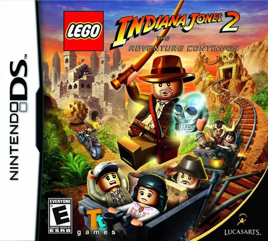 LEGO Indiana Jones 2: The Adventure Continues cover art for Nintendo DS video game, action adventure, LEGO-style gameplay, movie tie-in, handheld console title
