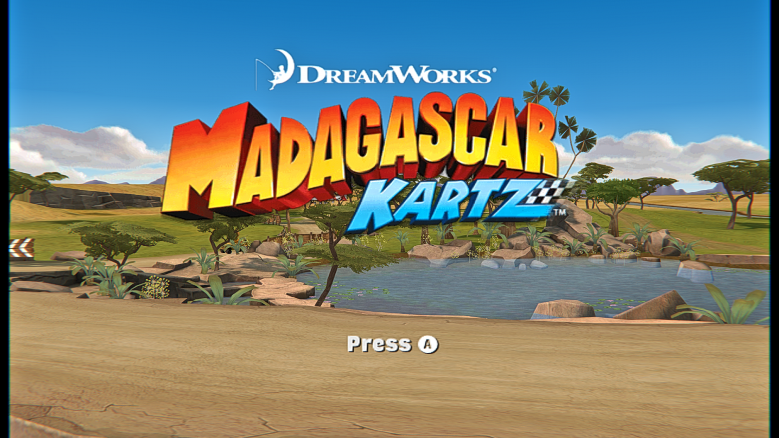 Madagascar Kartz for Nintendo Wii title screen featuring DreamWorks characters in a family‑friendly arcade racing game.