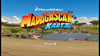 Madagascar Kartz for Nintendo Wii title screen featuring DreamWorks characters in a family‑friendly arcade racing game.