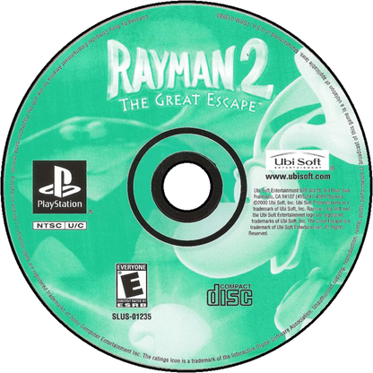 Rayman 2 The Great Escape for PlayStation 1 action platformer video game featuring colorful 3D worlds fluid platforming creative level design and the classic Ubisoft Rayman adventure experience disc