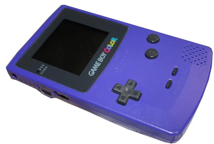 Top view of a grape purple Nintendo Game Boy Color handheld console showing the edge, screen, and buttons.