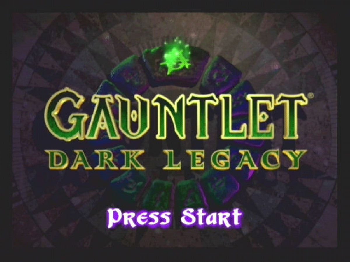 Gauntlet Dark Legacy title screen for GameCube (GC) featuring cooperative action RPG gameplay and classic dungeon crawling adventure