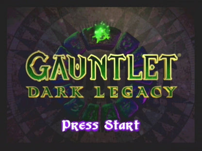 Gauntlet Dark Legacy title screen for GameCube (GC) featuring cooperative action RPG gameplay and classic dungeon crawling adventure