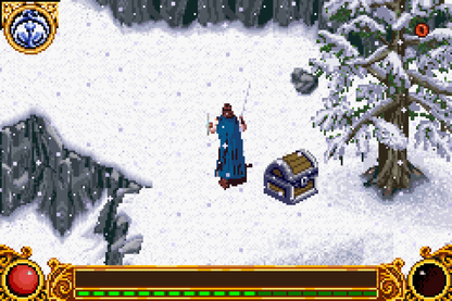 The Lord of the Rings The Two Towers for Game Boy Advance, gameplay for a retro video game featuring action-adventure gameplay, hack-and-slash combat, character progression, and movie-inspired fantasy battles