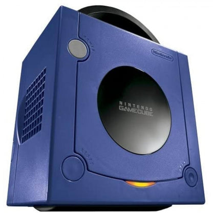 Indigo Nintendo GameCube top view showing circular disc cover on cube design.