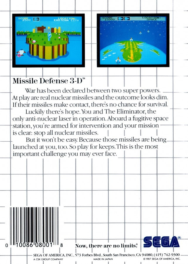 Missile Defense 3-D Sega Master System SMS for arcade shooting video game fans featuring 3D missile defense gameplay enemy attacks target tracking defensive weapons strategic shooting challenging stages and classic Sega Master System gameplay collectible retro gaming appeal back cover art