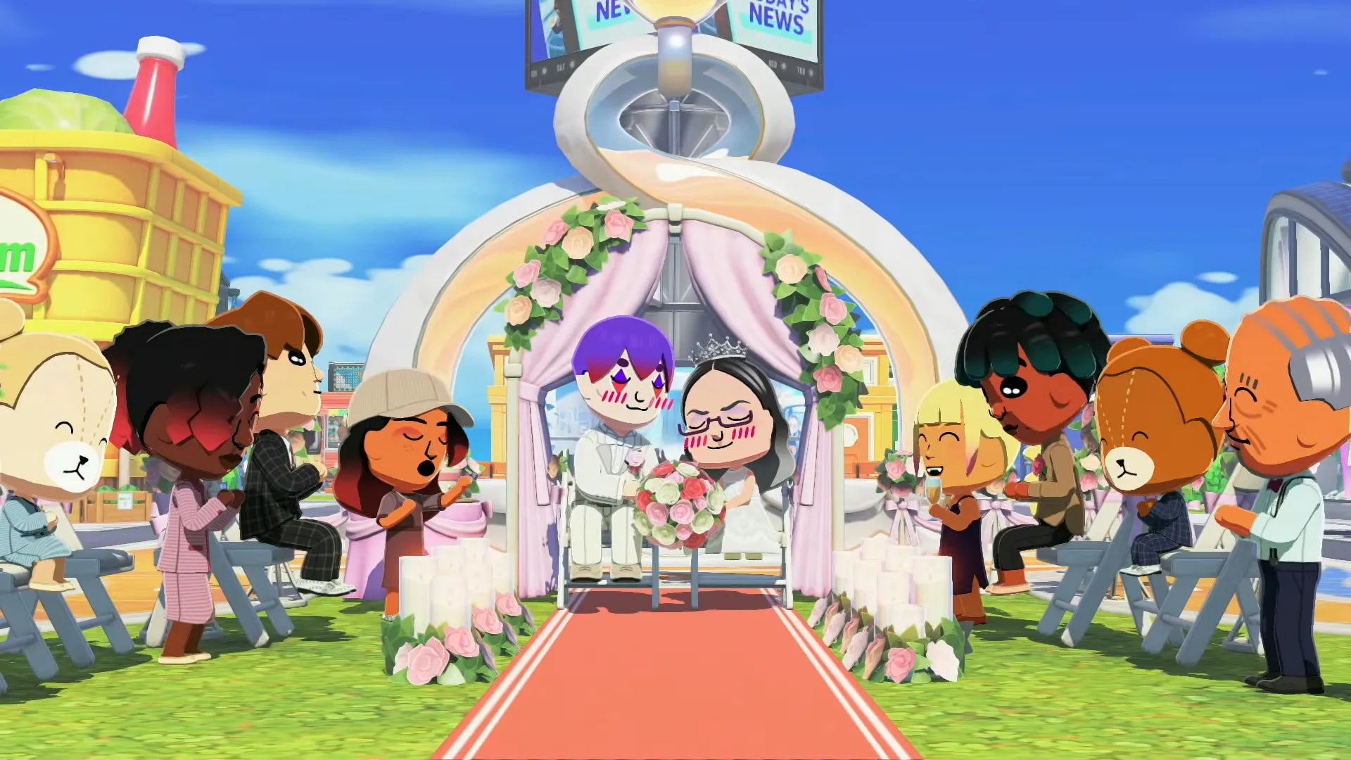 TomoDachi Life: Living the Dream for Nintendo Switch (NS) featuring a quirky life sim where you create Mii characters build relationships and watch unpredictable island style interactions unfold; customize outfits voices and personalities then enjoy mini games events and hilarious social drama as your cast lives out their dream life on Switch gameplay screenshot