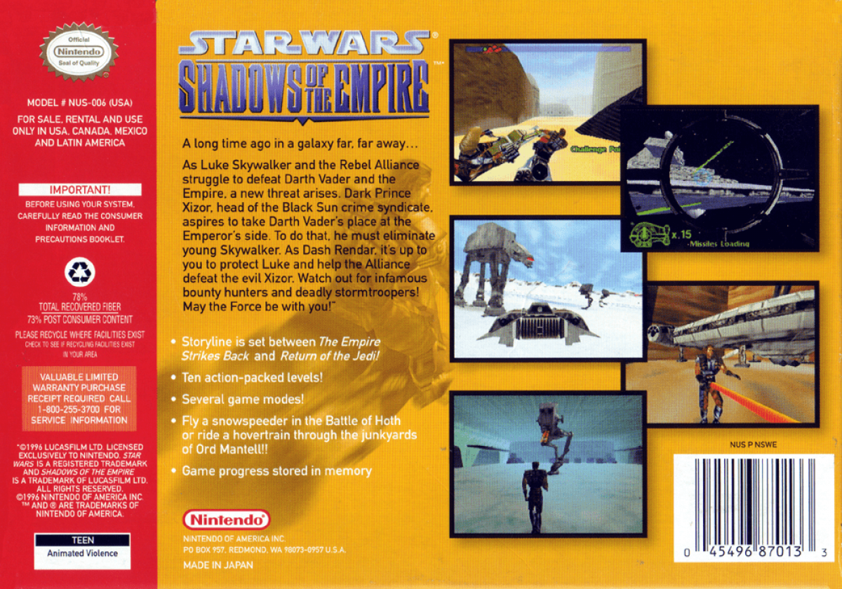 Star Wars: Shadows of the Empire back cover art for Nintendo 64 (N64) video game