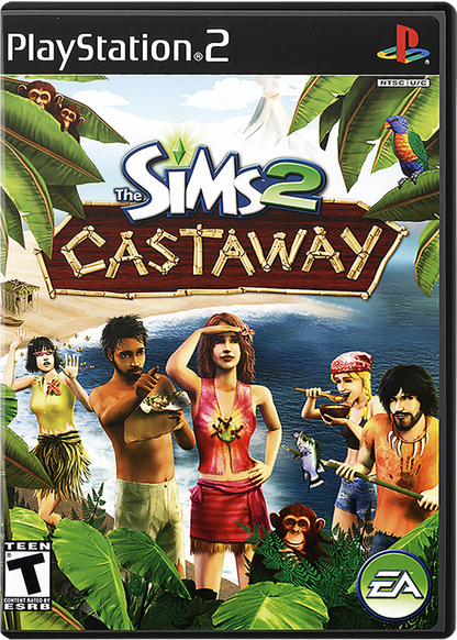 The Sims 2: Castaway – PlayStation 2 (PS2) video game cover image, life simulation adventure.