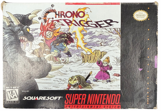Chrono Trigger Super Nintendo SNES complete in box original copy RPG classic Square Enix Squaresoft time travel adventure turn based combat JRPG authentic box manual cartridge collectible retro gaming Super Nintendo entertainment system game title cover art