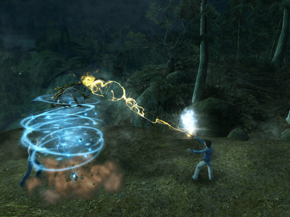 Harry Potter and the Goblet of Fire Xbox action-adventure video game based on the fourth film Triwizard Tournament Harry Ron Hermione cooperative gameplay dragon challenge Black Lake maze graveyard Voldemort duel spell casting character switching puzzle solving EA Games movie license multiplayer support gameplay screenshot