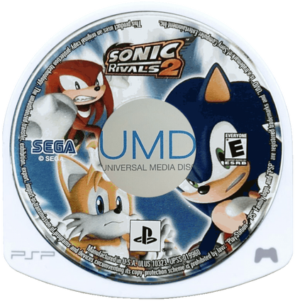 Sonic Rivals 2 PSP Sony PlayStation Portable platform racing game Sonic the Hedgehog SEGA side scrolling speed competition racing battles Knuckles Shadow Sonic characters multiplayer handheld platformer PSP software video game title UMD 