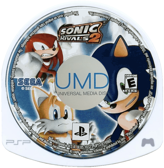 Sonic Rivals 2 PSP Sony PlayStation Portable platform racing game Sonic the Hedgehog SEGA side scrolling speed competition racing battles Knuckles Shadow Sonic characters multiplayer handheld platformer PSP software video game title UMD 