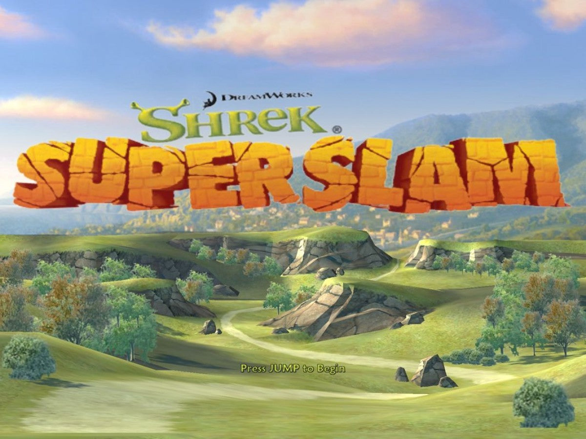 Shrek Superslam for Xbox (Xbox) title screen action fighting video game.