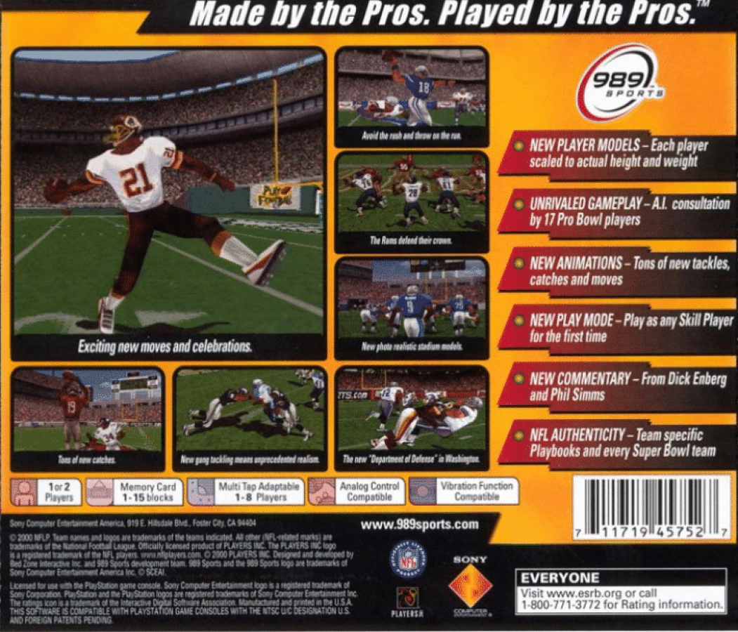 NFL GameDay 2001 PlayStation 1 football simulation video game 989 Sports official NFL license playable teams franchise mode season playoffs exhibition multiplayer back cover art