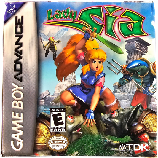 Lady Sia Game Boy Advance GBA video game Complete In Box CIB Missing Post Card featuring action platforming gameplay fantasy adventure exploration colorful environments enemy battles magical abilities challenging levels and classic handheld Nintendo gameplay retro video game collection collectible gaming appeal front cover art