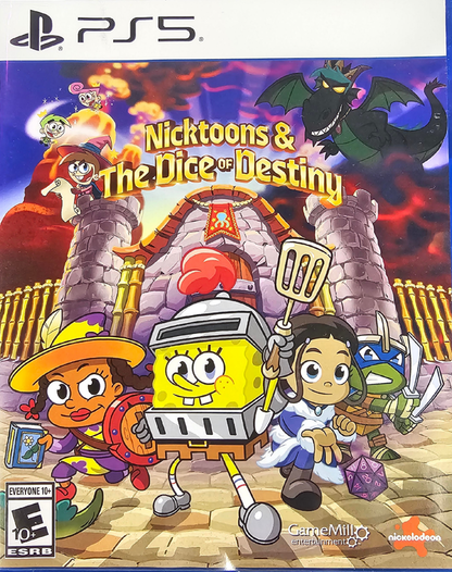 Nicktoons & The Dice of Destiny PlayStation 5 PS5 for action role playing video game fans featuring Nickelodeon characters fantasy adventures dungeon exploration cooperative gameplay colorful environments magical abilities enemy battles boss fights character customization and fun family friendly action collectible gaming appeal front cover art