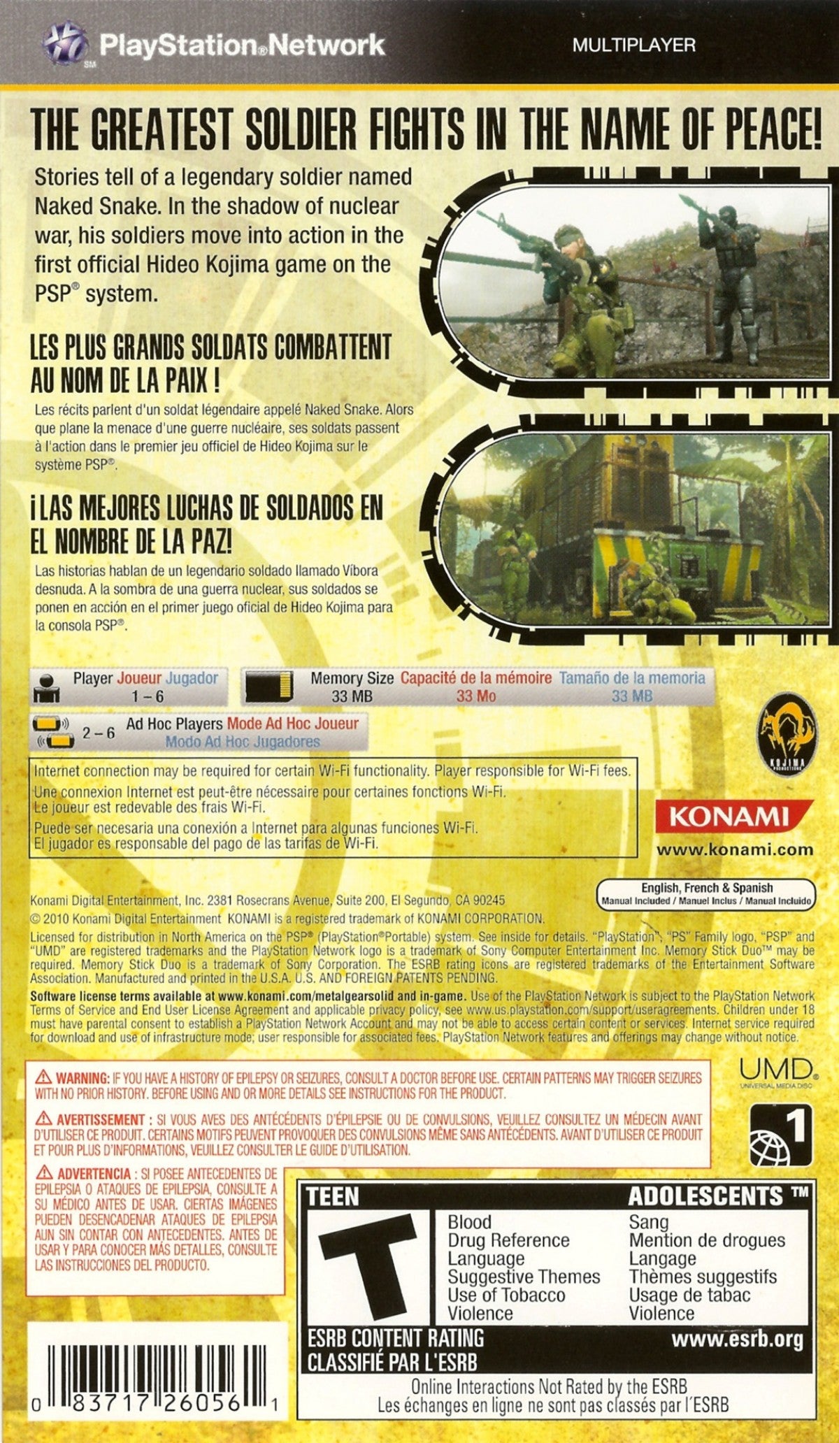 Metal Gear Solid: Peace Walker [Greatest Hits] back of case for PlayStation Portable (PSP) stealth action-adventure video game