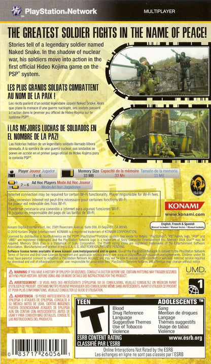 Metal Gear Solid: Peace Walker [Greatest Hits] back of case for PlayStation Portable (PSP) stealth action-adventure video game