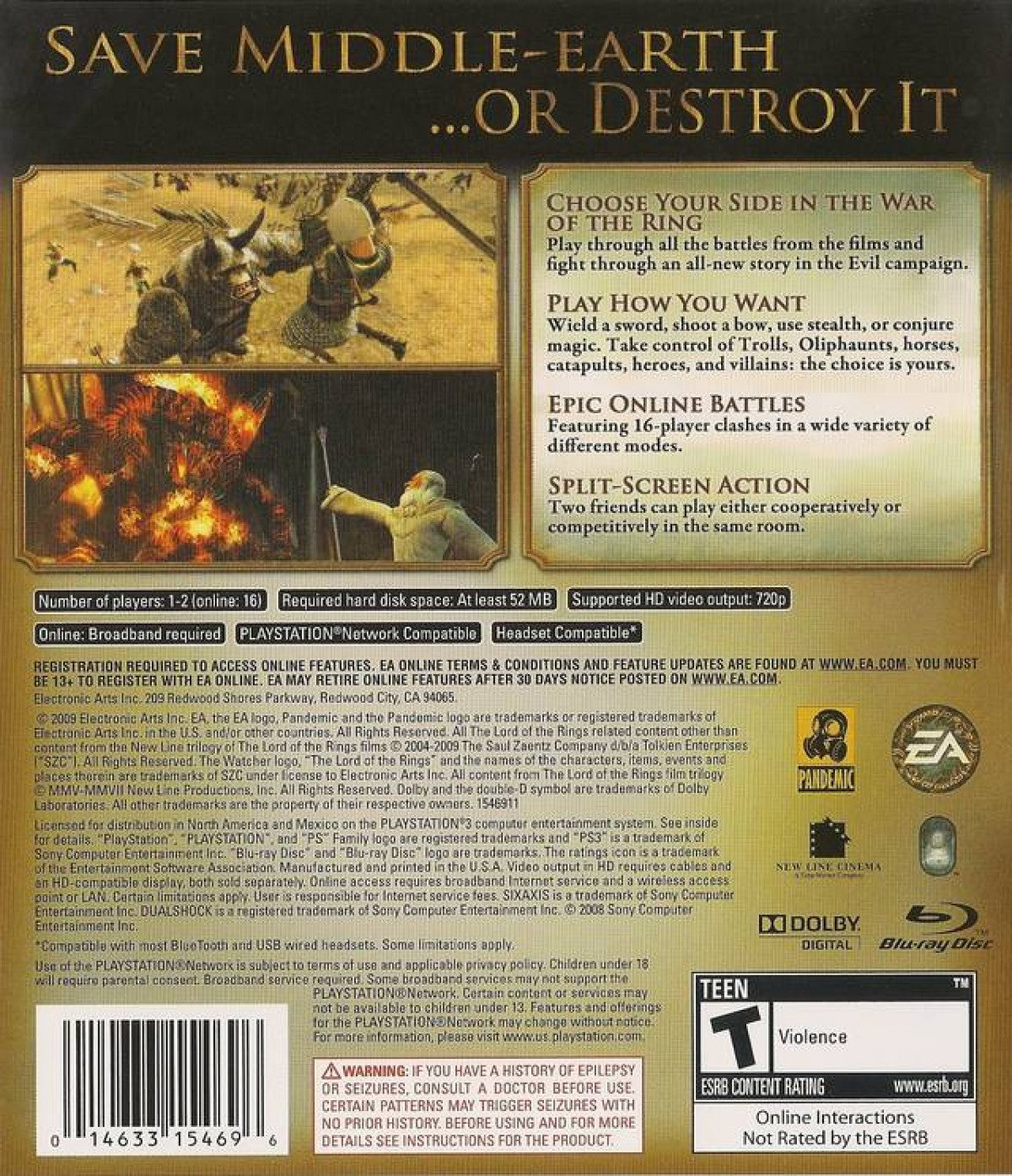 The Lord of the Rings Conquest PlayStation 3 PS3 video game featuring action combat gameplay based on The Lord of the Rings epic battles Middle earth exploration playable heroes and villains melee ranged and magic combat multiplayer action fantasy adventure PlayStation 3 retro video game collection collectible gaming appeal back cover art
