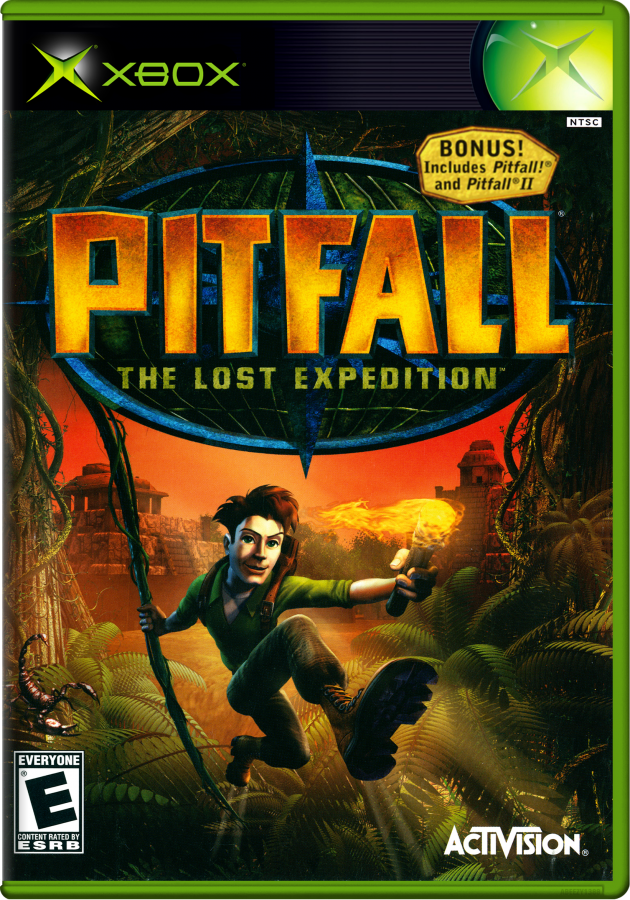 Pitfall The Lost Expedition for Xbox featuring adventure platforming in jungle environments cover art