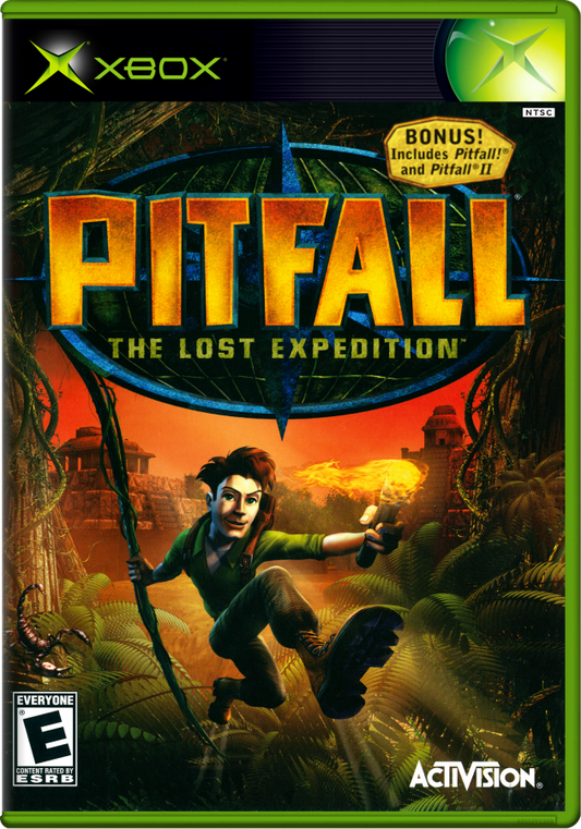 Pitfall The Lost Expedition for Xbox featuring adventure platforming in jungle environments cover art