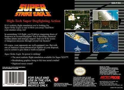 Super Strike Eagle retro SNES video game Super Strike Eagle military flight combat simulation jet fighter aerial warfare action gameplay console title Super Nintendo release back of case