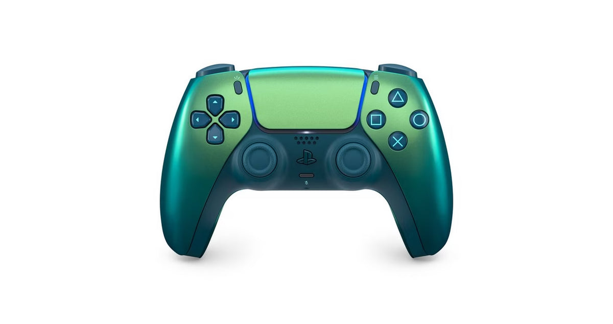 PlayStation 5 DualSense Wireless Controller Chroma Teal Pre Owned PS5 gaming accessory featuring vibrant Chroma Teal color design wireless Bluetooth connectivity adaptive triggers haptic feedback immersive vibration built in microphone motion sensors touchpad ergonomic grip rechargeable battery and responsive PlayStation 5 gaming controls collectible controller accessory and gaming setup appeal front