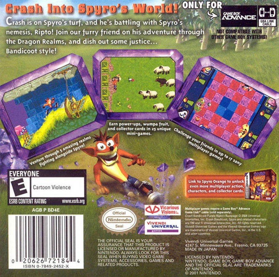 Crash Bandicoot Purple for Game Boy Advance, back of case for a party mini-game video game with crossover gameplay, character-based challenges, mini-games, and cartoon-style action
