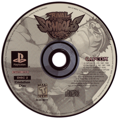 Retro Rival Schools PS1 cover art inspired design featuring classic PlayStation fighting game aesthetic vintage anime combat characters arcade style action gaming fan apparel nostalgic 90s Capcom fighter merch disc 2