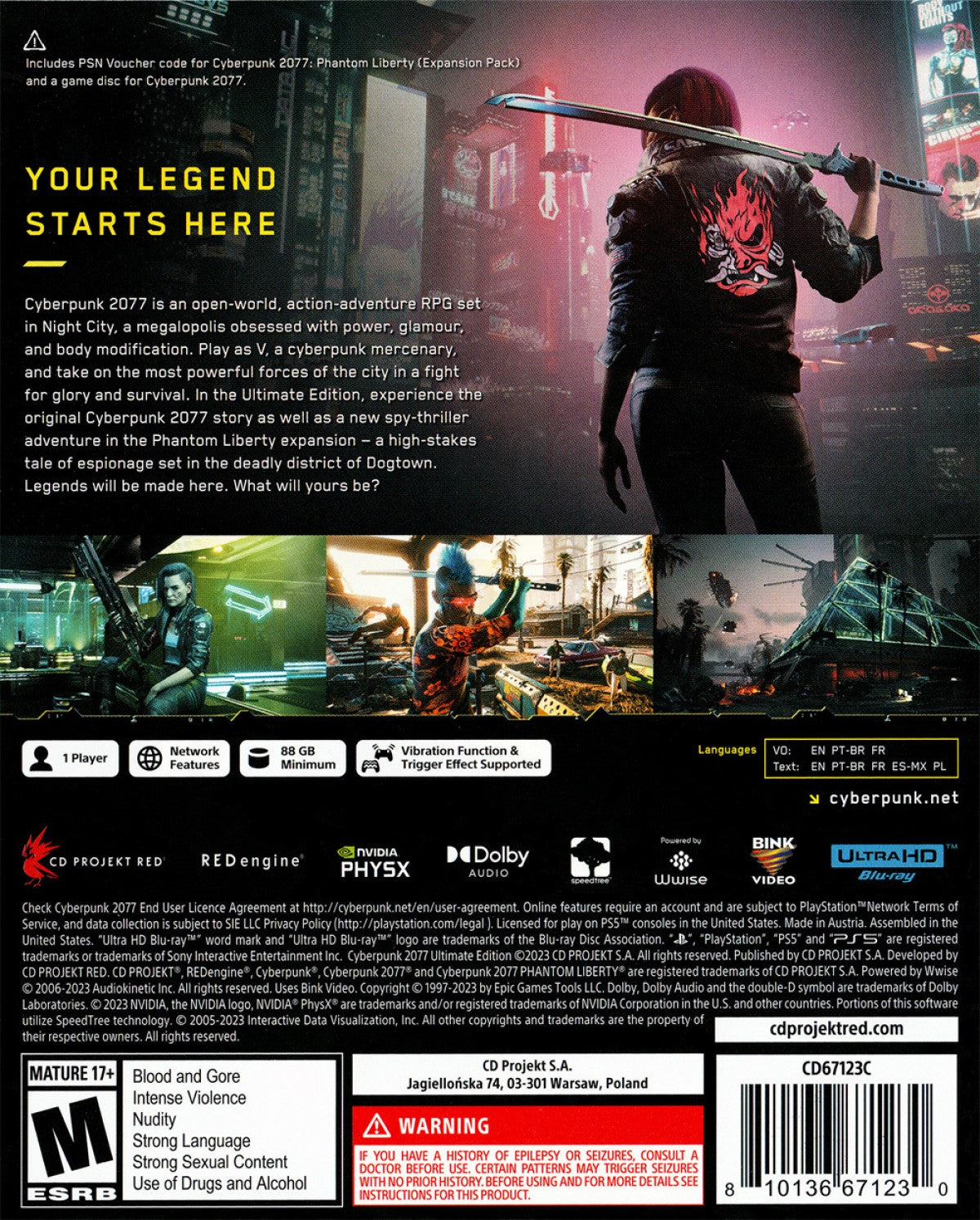Cyberpunk 2077 Ultimate Edition PlayStation 5 PS5 for open world action role playing video game fans featuring futuristic Night City exploration first person combat cybernetic upgrades character customization branching storylines vehicles side missions and Phantom Liberty expansion content immersive sci fi gameplay and collectible gaming appeal back cover art
