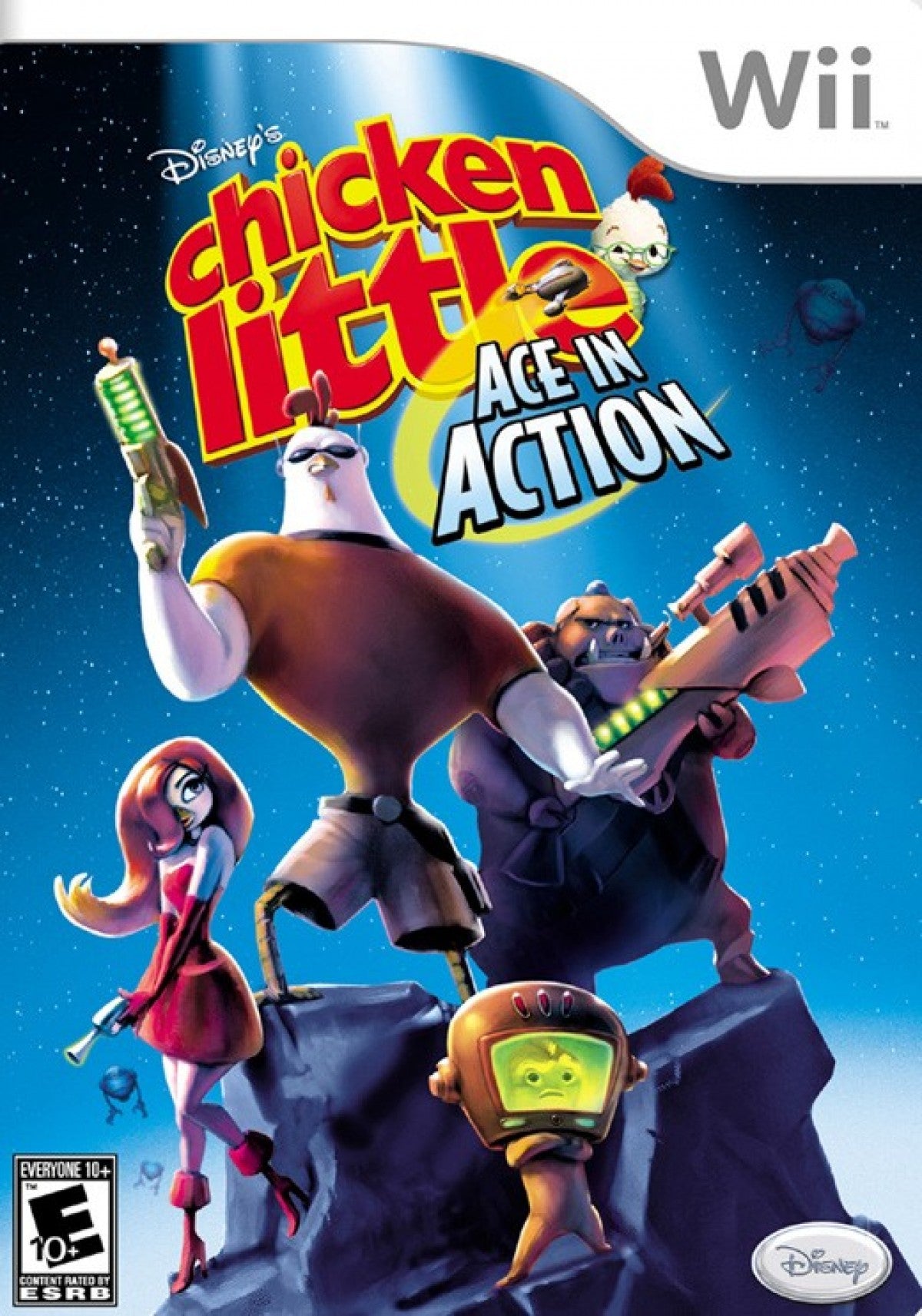 Chicken Little Ace in Action Nintendo Wii for retro video game enthusiasts featuring action flight and ground combat gameplay cinematic movie tie in missions cartoon styled characters aerial dogfighting mechanics platforming sections and collectible gaming appeal front cover
