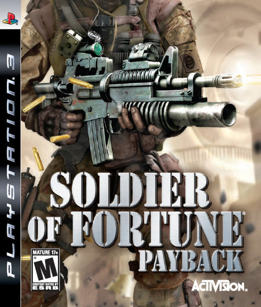 Retro Soldier of Fortune Payback PS3 inspired design featuring military first person shooter aesthetic intense tactical combat brutal firefights global mercenary missions realistic modern warfare action gritty cinematic FPS gameplay nostalgic HD era presentation cover art