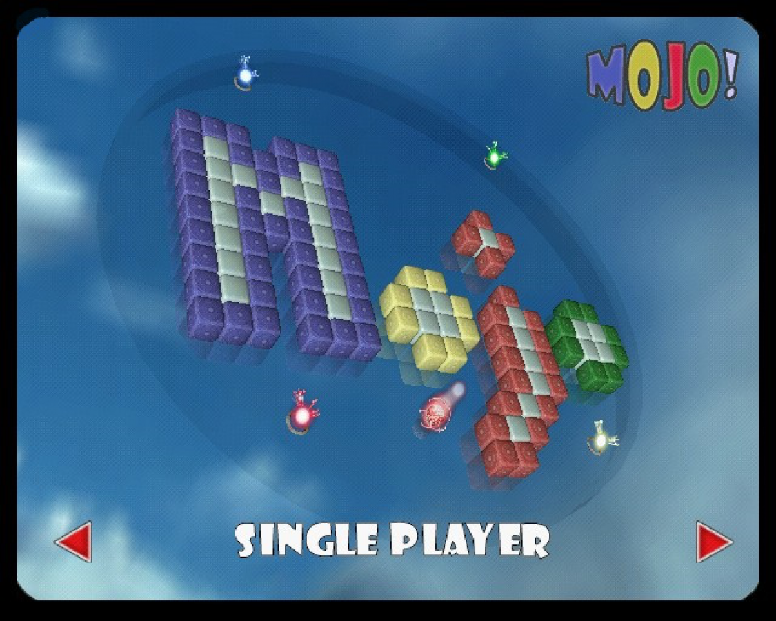 Mojo! gameplay start menu for PlayStation 2 (PS2) featuring puzzle‑based gameplay with physics‑driven challenges, colorful 3D mazes, and fast arcade action.