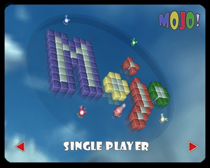 Mojo! gameplay start menu for PlayStation 2 (PS2) featuring puzzle‑based gameplay with physics‑driven challenges, colorful 3D mazes, and fast arcade action.
