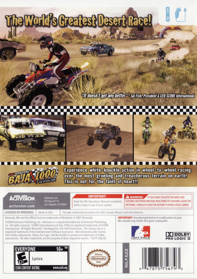SCORE International Baja 1000 – Nintendo Wii (Wii) off-road desert racing motorsport video game back of case