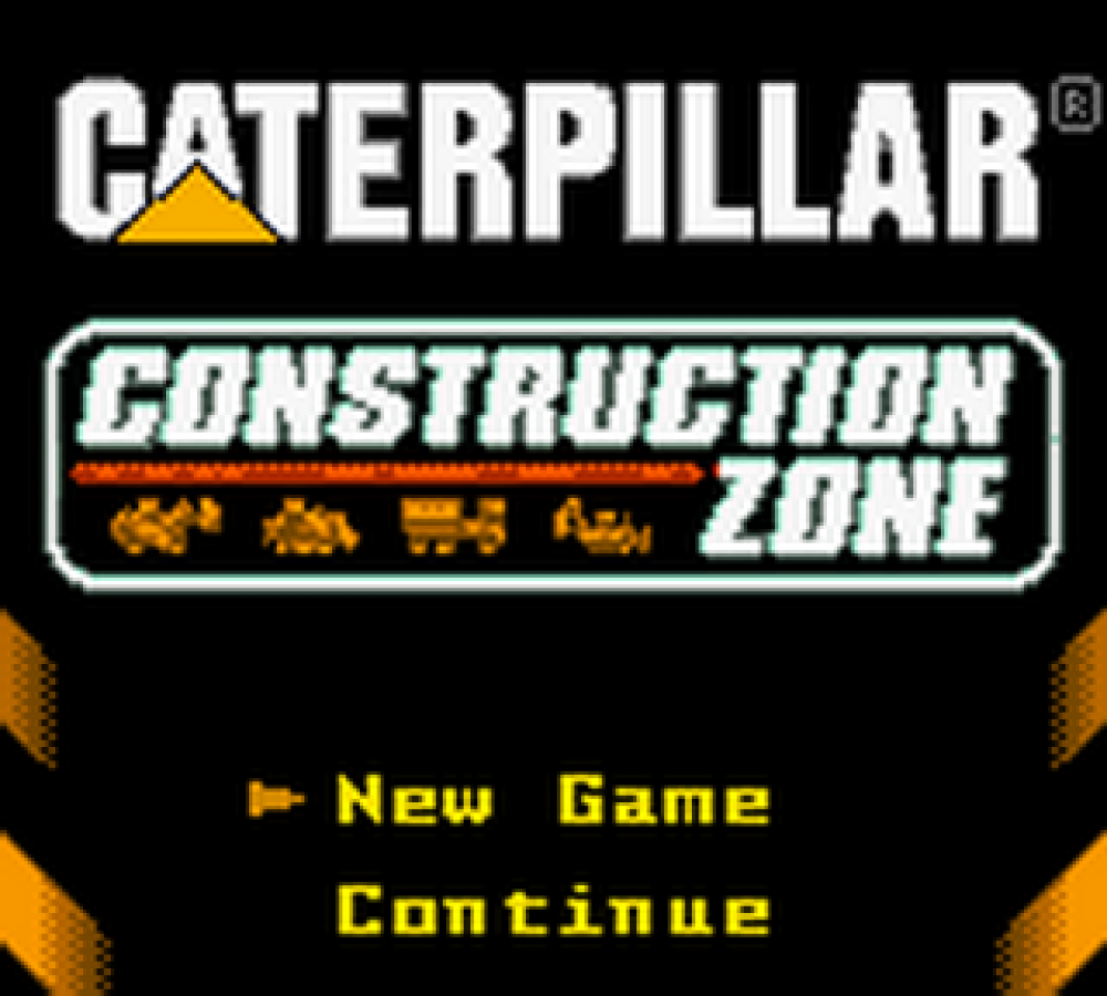 Matchbox Caterpillar Construction Zone for Game Boy Color, title screen for a simulation video game with construction vehicle gameplay, task-based challenges, mini-games, and family-friendly activities