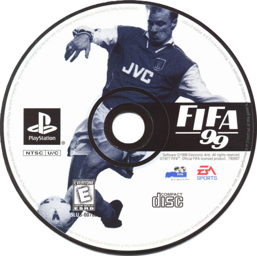 FIFA 99 for PlayStation 1 soccer sports video game featuring official international teams and leagues, realistic gameplay mechanics, tournament and season modes, and classic EA Sports football experience disc