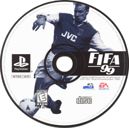 FIFA 99 for PlayStation 1 soccer sports video game featuring official international teams and leagues, realistic gameplay mechanics, tournament and season modes, and classic EA Sports football experience disc