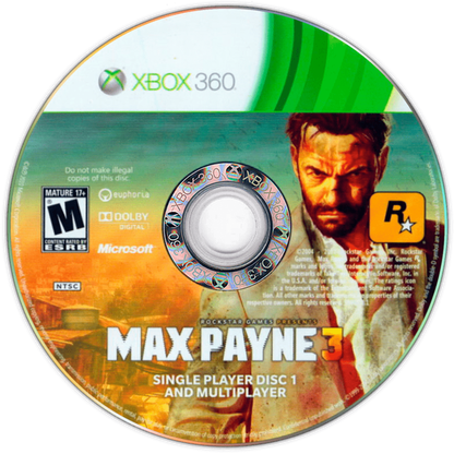 Max Payne 3 Xbox 360 third-person cinematic shooter video game featuring Bullet Time physics Max Payne in São Paulo Brazil bodyguard narrative cover shooting and multiplayer gang wars developed by Rockstar Games disc
