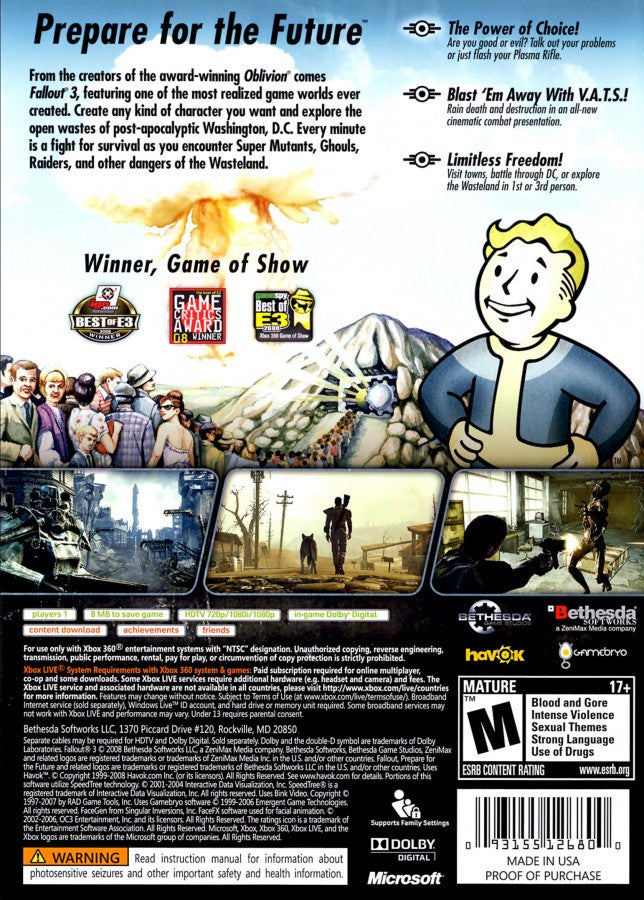 Fallout 3 [Platinum Hits] back cover art for XBOX 360 video game. 