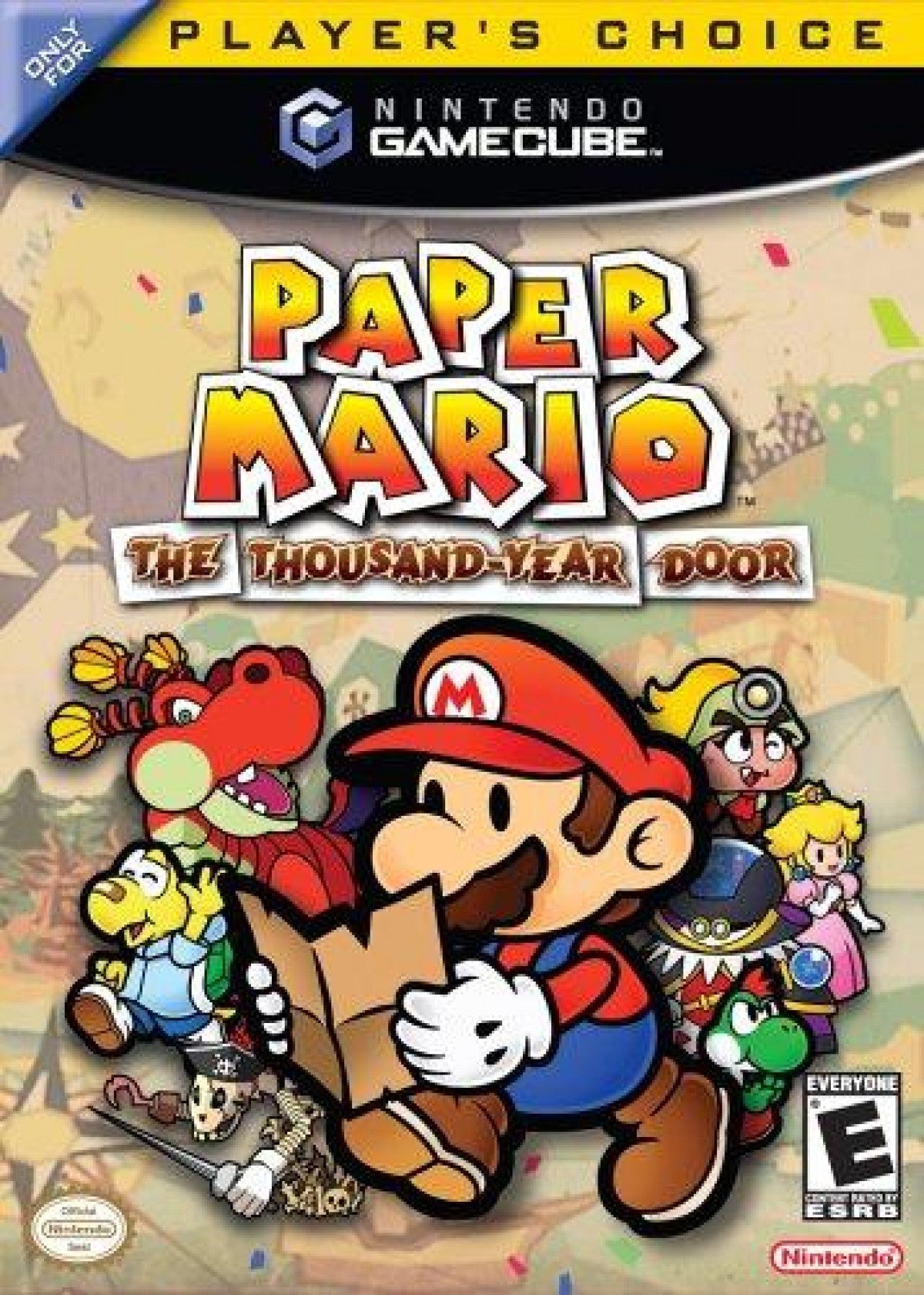 Paper Mario The Thousand-Year Door Player’s Choice Nintendo GameCube game featuring turn-based RPG gameplay with action commands character leveling story-driven adventure puzzle solving and collectible partners in the whimsical Paper Mario universe front cover
