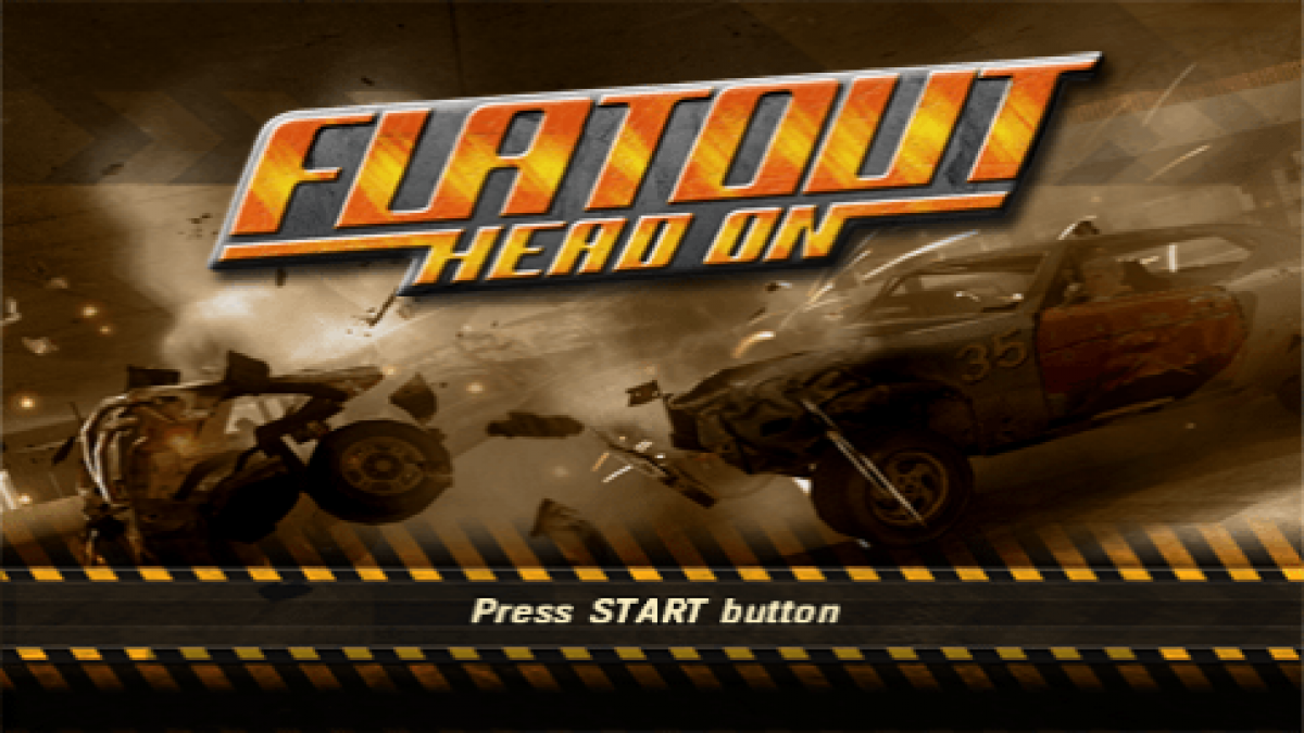FlatOut Head On PSP inspired design featuring demolition racing action aesthetic high speed crashes destructive derby competition chaotic vehicle combat arcade style racing intense stunts explosive motorsport gameplay handheld gaming presentation gameplay 